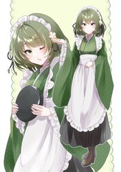  apron chii_(sbshop) flower frilled_apron frills green_hair green_kimono hair_ribbon heterochromia highres holding holding_tray idolmaster idolmaster_cinderella_girls japanese_clothes kimono kimono_skirt maid maid_apron maid_headdress mixed_maids mole mole_under_eye ribbon short_hair smile takagaki_kaede tray wa_maid white_apron 