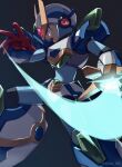  arm_cannon armor attack blade_armor_x_(mega_man) bodystocking energy_sword fighting_stance forehead_jewel gloves green_eyes helmet highres looking_to_the_side mega_man_(series) mega_man_x_(series) official_alternate_costume phfr3843 shoulder_armor simple_background sword v-fin weapon x_(mega_man) 