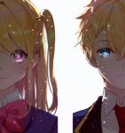  1boy 1girl blonde_hair blue_eyes blue_jacket bow bowtie chromatic_aberration closed_mouth collared_shirt commentary expressionless hair_between_eyes hoshino_aquamarine hoshino_ruby jacket light_particles long_hair looking_at_viewer necktie one_side_up oshi_no_ko oto1_030 pink_bow pink_bowtie pink_eyes red_necktie school_uniform shirt short_hair siblings sidelocks simple_background smile star-shaped_pupils star_(symbol) symbol-shaped_pupils twins upper_body white_background white_shirt youtou_high_school_uniform 