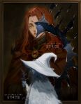  1girl artist_name blue_eyes blue_hair blue_skin cloak colored_skin cracked_skin dagger dress elden_ring gravitydusty hat highres holding holding_dagger holding_knife holding_weapon jewelry knife lunar_princess_ranni painting_(medium) pointy_hat portrait ranni_the_witch red_cloak redhead signature traditional_media weapon white_cloak witch_hat yellow_eyes 