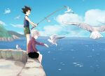  2boys bird black_hair black_shorts blue_sky clouds cloudy_sky day fishing fishing_rod gon_freecss green_shorts highres hntricolore holding holding_fishing_rod hunter_x_hunter killua_zoldyck male_child multiple_boys ocean open_mouth outdoors outstretched_arm red_shirt sandals seagull shirt short_hair shorts sitting sky sleeveless sleeveless_shirt smile spiky_hair standing white_hair 