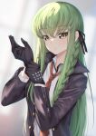  1girl absurdres black_gloves black_jacket black_ribbon braid budgiepon buttons c.c. closed_mouth code_geass commentary cosplay danganronpa:_trigger_happy_havoc danganronpa_(series) expressionless eyelashes eyes_visible_through_hair frown glint gloves green_hair grey_background hair_between_eyes hair_ribbon hands_up highres jacket kirigiri_kyoko kirigiri_kyoko_(cosplay) light_blush long_hair long_sleeves looking_at_viewer necktie open_clothes open_jacket own_hands_together red_necktie ribbon shirt sidelighting simple_background single_braid solo straight_hair upper_body very_long_hair white_shirt yellow_eyes zipper 