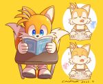  1boy artist_name blue_eyes book chana_(furrytails) closed_eyes dated desk drooling gloves holding holding_book multiple_views open_mouth reading shoes simple_background sitting sleeping sonic_(series) tails_(sonic) waking_up watermark yellow_background 
