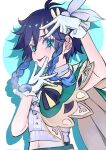  1boy aliii147258369 androgynous aqua_background aqua_eyes aqua_hair black_hair braid cape collared_shirt cosplay crop_top genshin_impact gloves green_cape hair_ornament highres hoshino_ai_(oshi_no_ko) hoshino_ai_(oshi_no_ko)_(cosplay) idol_clothes long_hair low_twin_braids male_focus multicolored_background multicolored_hair oshi_no_ko rabbit_hair_ornament shirt solo star_(symbol) star_in_eye symbol_in_eye tongue tongue_out twin_braids venti_(genshin_impact) white_background white_gloves white_shirt 