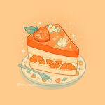  1other cake cake_slice closed_eyes emily_kim flower food food_focus fork fruit highres minimized no_humans orange_(fruit) orange_background orange_slice original plate rabbit sparkle star_(symbol) twitter_username white_flower 