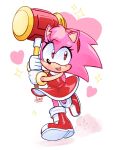  1girl amy_rose artist_name boots dress gloves hammer heart highres holding holding_hammer holding_weapon jamoart looking_at_viewer open_mouth red_dress simple_background solo sonic_(series) teeth watermark weapon white_gloves 
