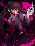  1girl blood blush braid brown_hair danganronpa:_trigger_happy_havoc danganronpa_(series) fukawa_toko genocider_shou glasses hand_up highres holding holding_scissors kami_o long_hair long_sleeves long_tongue looking_at_viewer neckerchief open_mouth pink_blood red_eyes red_neckerchief round_eyewear sailor_collar school_uniform scissors serafuku skirt smile solo tongue tongue_out twin_braids white_sailor_collar 