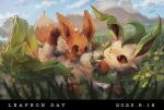  ;) brown_eyes character_name closed_mouth clouds commentary_request dated day eevee flower grass leafeon lying momomo12 no_humans one_eye_closed outdoors pokemon pokemon_(creature) signature sky smile yellow_flower 