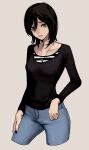  1girl black_hair black_nails black_shirt breasts collarbone cowboy_shot denim grey_eyes head_tilt highres jeans looking_at_viewer original pants parted_lips shirt short_hair simple_background small_breasts solo striped striped_shirt zenroziura 