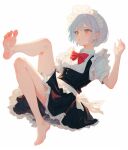  1girl apron black_dress copyright_request dress feet foot_focus frilled_apron frills fxmsama grey_eyes highres maid maid_apron maid_headdress puffy_short_sleeves puffy_sleeves short_hair short_sleeves skirt solo thighs toes white_apron white_hair 