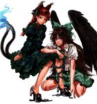  2girls absurdres animal_ears black_wings blunt_bangs bow braid breasts cat_ears commentary_request dress extra_ears flame-tipped_tail full_body green_bow green_skirt hair_bow high_heels highres kaenbyou_rin korean_commentary kuya_(hey36253625) light_smile long_hair medium_breasts multiple_girls multiple_tails nekomata red_eyes redhead reiuji_utsuho revision shirt skirt tail touhou twin_braids two_tails wings 