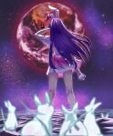  1girl animal_ears commentary_request earth_(planet) from_behind full_body highres inaba_mob_(touhou) kulukulu3333 long_hair lunatic_gun outdoors pink_skirt planet purple_hair rabbit rabbit_ears rabbit_girl reisen_udongein_inaba shirt short_sleeves skirt space standing touhou white_shirt 