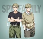  2boys aqua_eyes asgykk belt black_shirt blonde_hair character_name copyright_name crossed_arms green_pants highres multiple_boys pants shirt short_hair spy_x_family t-shirt twilight_(spy_x_family) white_shirt yellow_shirt 