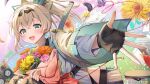  1girl aqua_eyes black_gloves blonde_hair bouquet crossed_bangs eggplant fingerless_gloves flower gloves haori holding holding_bouquet hololive japanese_clothes kazama_iroha looking_at_viewer official_art open_mouth orange_flower pink_flower pokobee ponytail sarashi sidelocks solo speaker summer_tail720 sunflower sword virtual_youtuber weapon white_flower wide_sleeves yellow_flower 