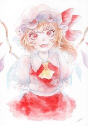  1girl arms_behind_back artist_name ascot breasts cowboy_shot crystal flandre_scarlet frilled_shirt_collar frilled_skirt frills hair_between_eyes happy hat hat_ribbon head_tilt highres johnalay looking_at_viewer medium_hair mob_cap multicolored_wings one_side_up open_mouth painting_(medium) puffy_short_sleeves puffy_sleeves red_eyes red_ribbon red_skirt red_vest ribbon shirt short_sleeves signature simple_background skirt small_breasts solo star-shaped_pupils star_(symbol) symbol-shaped_pupils teeth touhou traditional_media upper_teeth_only vest watercolor_(medium) white_background white_headwear white_shirt wings yellow_ascot 