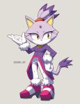  1girl absurdres artist_name blaze_the_cat caruel_art clenched_hand forehead_jewel gloves grey_background hand_on_own_hip highres jacket pants pink_footwear purple_jacket shoes simple_background sonic_(series) watermark white_gloves white_pants 
