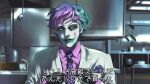  1boy batman_(series) black_gloves colored_skin dc_comics eye_print faucet formal gloves gradient_hair green_eyes green_hair green_lips handkerchief joe_rikiichi kitchen morisaki_jiro multicolored_hair nijisanji parody pink_hair pink_shirt purple_hair scene_reference shirt solo soup_ladle subtitled suit teardrop_facial_mark the_dark_knight virtual_youtuber white_skin white_suit 