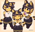  1girl alternate_hair_color animal_crossing animal_ears ankha_(animal_crossing) artist_name black_hair black_shorts black_thighhighs bubble_tea closed_eyes commentary cross cup drink drinking_straw english_commentary fishnet_pantyhose fishnet_sleeves fishnets highres holding holding_cup inverted_cross multiple_views nauskills pantyhose shirt short_shorts shorts simple_background sleeveless socks_over_fishnets tail thigh-highs watermark white_shirt 