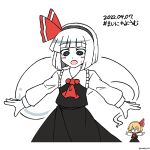 2girls ascot black_eyes black_hairband black_skirt black_vest blonde_hair bright_pupils commentary_request cosplay dated ghost hair_ribbon hairband highres hoshii_1213 konpaku_youmu konpaku_youmu_(ghost) long_sleeves multiple_girls open_mouth outstretched_arms red_ascot red_ribbon ribbon rumia rumia_(cosplay) shirt short_hair simple_background skirt solo_focus sweatdrop touhou twitter_username vest white_background white_pupils white_shirt
