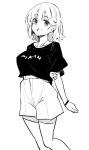  1girl :d arm_behind_back arm_grab collarbone commentary_request feet_out_of_frame greyscale hair_ornament hairclip highres kekemotsu looking_at_viewer monochrome original short_shorts short_sleeves shorts simple_background smile solo white_background 