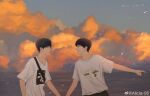  2boys alicia-95 black_hair clouds cloudy_sky gucci highres holding_hands looking_at_another multiple_boys real_life sean_xiao shirt sky wang_yibo weibo white_shirt 
