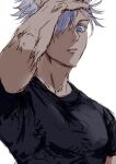 1boy black_shirt blue_eyes colored_eyelashes commentary_request gojou_satoru hand_in_own_hair jujutsu_kaisen looking_at_viewer male_focus nori20170709 parted_lips shirt short_hair short_sleeves simple_background solo upper_body white_background white_hair 