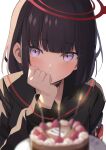  1girl birthday_cake black_choker black_hair black_sailor_collar black_shirt blue_archive blunt_bangs blurry blurry_foreground blush cake candle choker closed_mouth commentary food halo hand_on_own_cheek hand_on_own_face hand_up highres jenna_(jenna0108je) long_sleeves looking_at_viewer mashiro_(blue_archive) medium_hair plate red_armband red_halo sailor_collar shirt simple_background solo upper_body violet_eyes white_background 