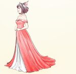  1girl animal_ears bare_shoulders blush cat_ears closed_eyes commentary dress ear_piercing evening_gown from_side full_body original own_hands_together piercing profile red_dress simple_background sleeveless sleeveless_dress smile solo teeth zoomie 