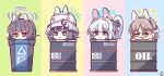  4girls absurdres ahoge animal_ears arrow_(symbol) benizika black_hair blue_archive blue_eyes blush bow brown_hair chibi closed_eyes closed_mouth combat_helmet commentary_request drum_(container) fake_animal_ears glasses gloves grey_hair hair_between_eyes hair_ornament hair_ribbon hairband halo hat helmet highres in_container in_trash_can leaf leaf_on_head light_brown_hair long_hair looking_at_viewer miyako_(blue_archive) miyu_(blue_archive) moe_(blue_archive) multiple_girls one_side_up parted_lips rabbit_ears recycle_bin recycling_symbol ribbon saki_(blue_archive) short_hair simple_background trash_can violet_eyes white_hair white_helmet 