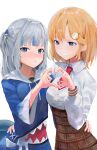  2girls absurdres amolla28293647 blonde_hair blue_eyes blue_hair blue_hood blue_hoodie blush bob_cut brown_skirt collared_shirt fins fish_tail gawr_gura gawr_gura_(1st_costume) grey_hair grin hair_ornament hand_on_another&#039;s_waist heart heart_hands heart_hands_duo high-waist_skirt highres hololive hololive_english hood hoodie looking_at_viewer medium_hair monocle_hair_ornament multicolored_hair multiple_girls necktie red_necktie shark_girl shark_hair_ornament shark_tail shirt short_hair skirt smile streaked_hair tail virtual_youtuber watson_amelia watson_amelia_(1st_costume) white_shirt 