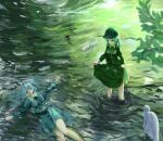  2girls absurdres baseball blue_eyes blue_shirt blue_skirt commentary_request green_eyes green_hair green_headwear green_shirt green_skirt hair_bobbles hair_ornament highres kawashiro_nitori kulukulu3333 lying multiple_girls on_back outdoors shirt short_hair skirt standing touhou two_side_up wading yamashiro_takane 