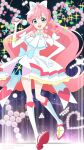  1girl :d bare_shoulders boots bow cure_prism dot_nose dress elbow_gloves gloves green_eyes hair_bow hand_on_own_hip heart highres hirogaru_sky!_precure holding holding_microphone indoors knee_boots layered_dress legs_apart long_hair looking_at_viewer magical_girl microphone nijigaoka_mashiro open_mouth pink_hair precure shirubaa sidelocks sky_mirage sleeveless sleeveless_dress smile solo stage stage_lights swept_bangs very_long_hair watermark white_bow white_dress white_footwear white_gloves 