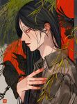  1boy absurdres animal bird black_bird black_eyes black_hair closed_mouth collared_shirt commentary_request crow fingernails from_side grey_shirt hair_behind_ear hair_over_shoulder half-closed_eyes hand_on_own_chest highres kagoya1219 long_hair male_focus original plant profile shirt signature solo straight_hair upper_body 