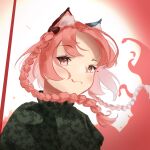  1girl animal_ear_fluff animal_ears black_bow bow braid cat_ears closed_mouth commentary hair_bow heart highres kaenbyou_rin kulukulu3333 long_hair looking_at_viewer red_eyes redhead side_braids solo tongue tongue_out touhou twin_braids upper_body 