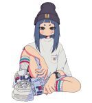  1girl bandaid bandaid_on_cheek bandaid_on_face beanie blue_hair breast_pocket carhartt fila grey_eyes grey_headwear hat highres knee_up light_blush long_hair looking_at_viewer nao97122 original pocket ribbed_socks shirt shoes short_sleeves simple_background sitting sneakers socks solo straight-on straight_hair streetwear t-shirt watch watch white_background white_footwear white_shirt white_socks 