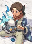  1boy :o absurdres alec_(pokemon) alternate_color beater berry_(pokemon) black_shirt blush brown_hair capri_pants coat commentary_request day highres hisuian_zorua looking_down male_focus open_clothes open_coat open_mouth oran_berry outdoors pants pokemon pokemon:_hisuian_snow pokemon_(creature) shiny_pokemon shirt short_hair snow tongue vest violet_eyes 