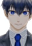  1boy black_hair blue_eyes blue_lock blue_necktie bright_pupils closed_mouth collared_shirt commentary_request hair_between_eyes isagi_yoichi lapels looking_at_viewer male_focus necktie nori20170709 notched_lapels portrait shirt short_hair simple_background solo striped striped_shirt twitter_username vertical-striped_shirt vertical_stripes white_background white_pupils 