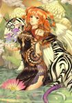  absurdres bowl chinadress chinese_clothes chrysanthemum colorful detached_sleeves dress earrings eiwa fantasy flower hair_ornament highres horns jewelry nopan orange_hair original red_eyes ring snake solo tattoo tiger water wings 