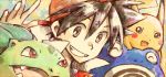  1boy black_hair brown_eyes bulbasaur hat pikachu pokemon pokemon_(creature) pokemon_special poliwhirl popped_collar red_(pokemon) shinoasa smile 
