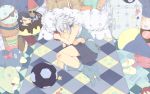   bed cake closed_eyes feet flat_color food inazuma_eleven lots_of_laugh_(vocaloid) lying male on_side pastry pillow rolled_sleeves short_hair shorts socks solo stuffed_animal suzuno_fuusuke white_hair  