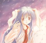   absurdres animal_ears blue_hair rabbit_ears necktie portrait red_eyes reisen_udongein_inaba shirt snowing solo touhou unbuttoned  
