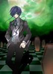  arisato_minato blue_eyes blue_hair checkered checkered_floor coffin digital_media_player hair_over_one_eye headphones kazanami male moon mp3_player persona persona_3 ribbon school_uniform short_hair solo 