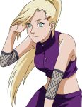  bare_shoulders blonde_hair blue_eyes earrings hairclip hand_in_hair long_hair naruto pigtail simple_background skirt smile white_background yamanaka_ino 