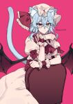  1girl absurdres animal_ears bat_wings blue_hair cat_ears cat_tail closed_mouth commentary_request dress fingernails hair_between_eyes hat hat_ribbon highres himadera light_blue_hair long_fingernails looking_at_viewer medium_hair mob_cap pink_dress pink_headwear red_background red_eyes red_nails red_ribbon remilia_scarlet ribbon short_sleeves simple_background sitting solo tail touhou twitter_username wings wrist_cuffs 