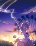  1girl :d absurdres arm_up armpits blurry blush bokeh bow bracelet bubble_skirt closed_eyes clouds collar cowboy_shot depth_of_field detached_collar detached_sleeves evening facing_viewer ferris_wheel hair_bow highres index_finger_raised jewelry lens_flare light_particles night night_sky nuko_0108 ootori_emu open_mouth outdoors pink_hair pink_shirt pink_skirt pink_sleeves project_sekai puffy_detached_sleeves puffy_sleeves shirt short_hair sidelocks skirt sky smile solo strapless strapless_shirt sunset teeth upper_teeth_only white_collar 