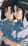  2girls black_hair blue_eyes blue_shirt braid breast_pocket brown_hair collared_shirt crossed_arms hand_on_own_hip kobayakawa_miyuki long_hair multiple_girls nzeneee pocket police police_uniform policewoman red_eyes shirt short_hair sidelocks single_braid taiho_shichauzo tsujimoto_natsumi uniform upper_body 