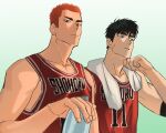  2boys absurdres basketball_uniform black_hair bottle character_request coffetia highres holding holding_bottle looking_at_viewer male_focus multiple_boys orange_hair sakuragi_hanamichi short_hair slam_dunk_(series) sleeveless sportswear towel towel_around_neck water_bottle 