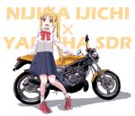  1girl blonde_hair blue_skirt bocchi_the_rock! bow bowtie brown_eyes highres ijichi_nijika long_sleeves maruyo motor_vehicle motorcycle red_bow red_footwear school_uniform shadow shirt shoes skirt smile sneakers solo white_background white_shirt yamaha_sdr200 