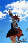  1girl absurdres animal_ears black_dress blue_sky brown_hair clouds commentary dress english_commentary feet_out_of_frame from_below from_side highres horse_ears horse_girl horse_tail jenshenya long_sleeves mixed-language_commentary nice_nature_(umamusume) shirt sky solo tail twintails umamusume white_shirt 