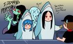  1other 2boys 2girls animal_costume ascot black_hair blue_hair brown_hair dizzy_(guilty_gear) english_text guilty_gear guilty_gear_strive kitsune23star long_hair multiple_boys multiple_girls necro_(guilty_gear) red_eyes shark_costume smile testament_(guilty_gear) undyne white_ascot 